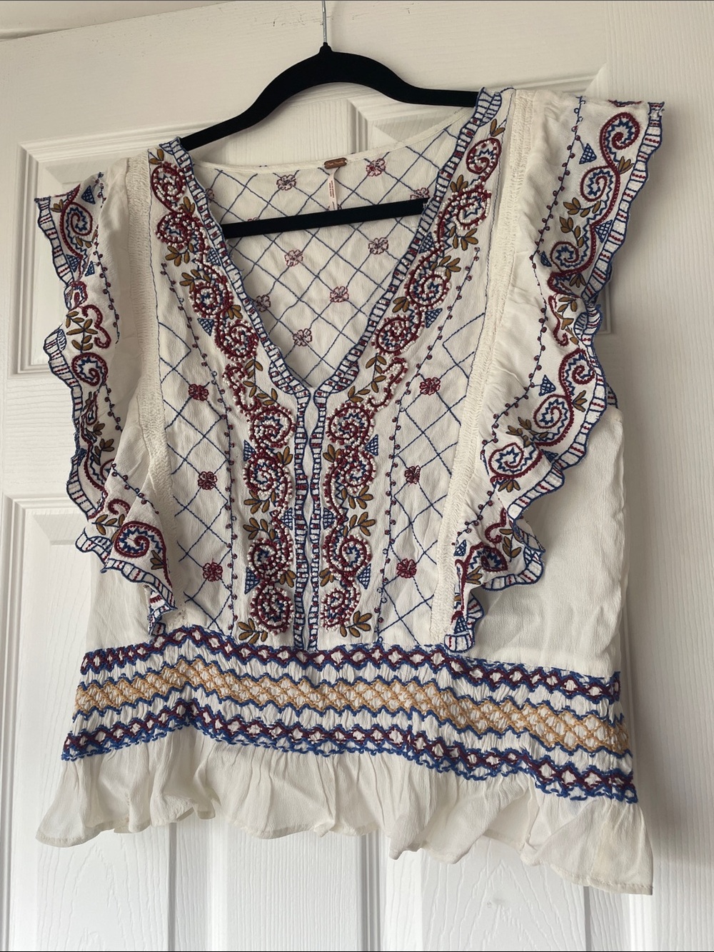 Free People White Embroidered and beaded V-Neck Ruffle Sleeve Top